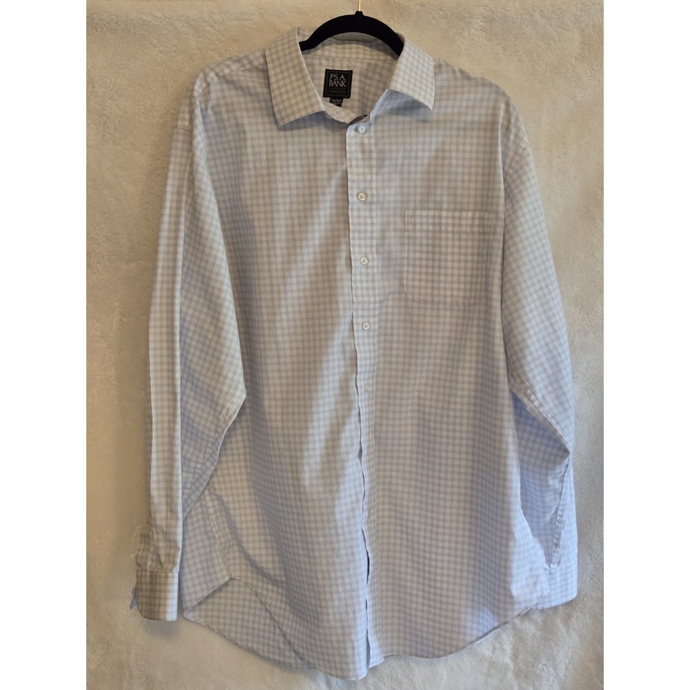 Jos. A. Bank Men's 17.5-36 White Long Sleeve Button-Up Shirt Cotton Blue Stripes